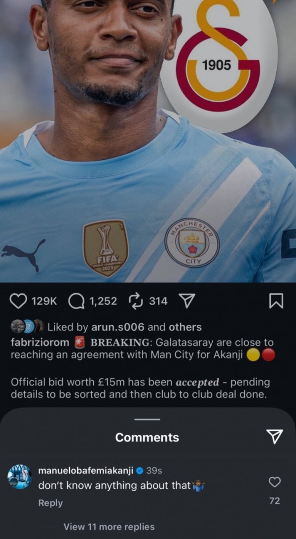 惨遭本东谈主打脸！阿坎吉在罗马诺的帖子下讲演：我咋啥齐不知谈