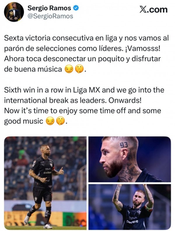 助蒙特雷联赛6连胜&榜首，拉莫斯社媒：是时代减弱减弱，听听音乐