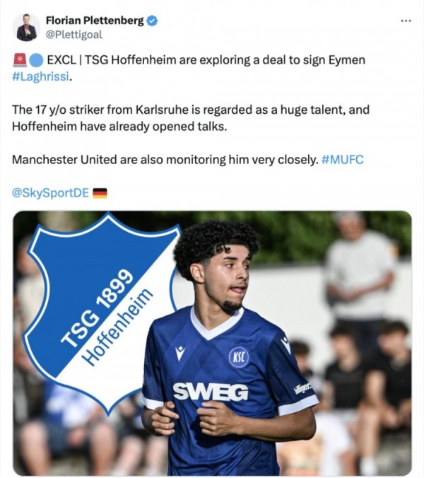 记者：霍村探索签约卡尔斯鲁厄17岁前卫拉格里西，曼联也在关怀