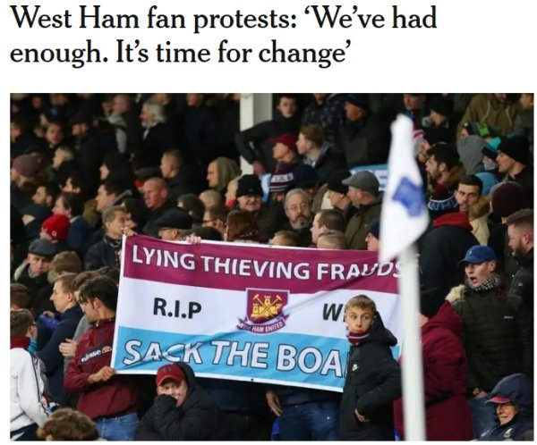 TA：西汉姆球迷沟通鄙人周六对阵水晶宫比赛时，抗议球队董事会