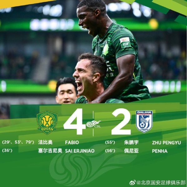 中超联赛第26轮，北京国安主场4-2校服大连英博海发