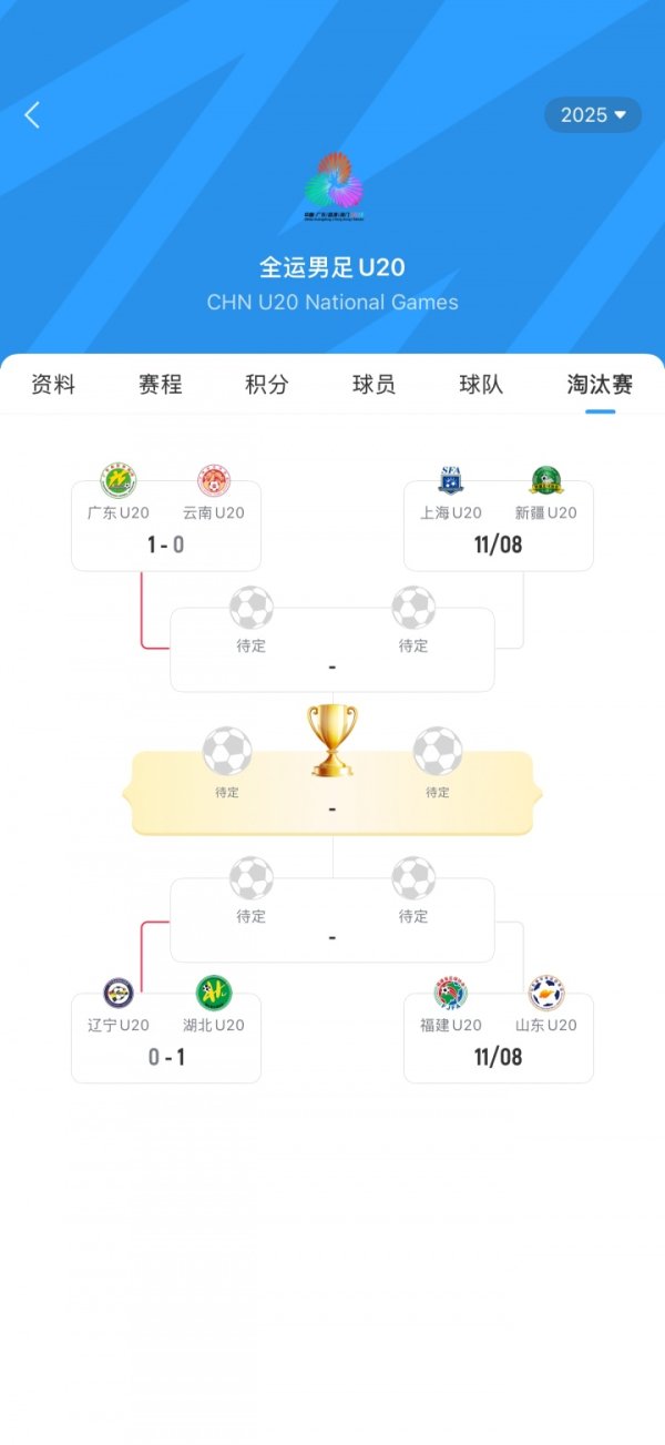 全运会U20半决赛对阵：广东vs上海  湖北vs山东