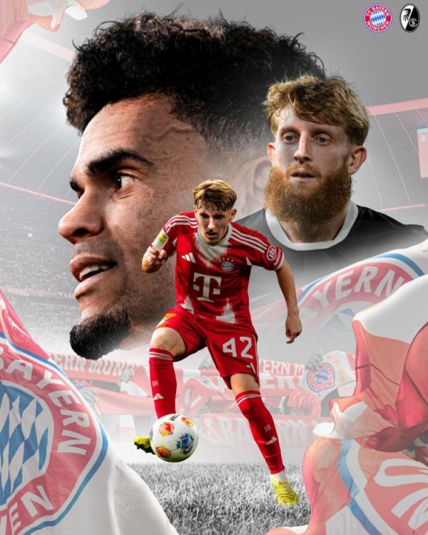 剑指三分！拜仁发布对阵弗赖堡海报：迪亚斯、卡尔、贝斯越过镜